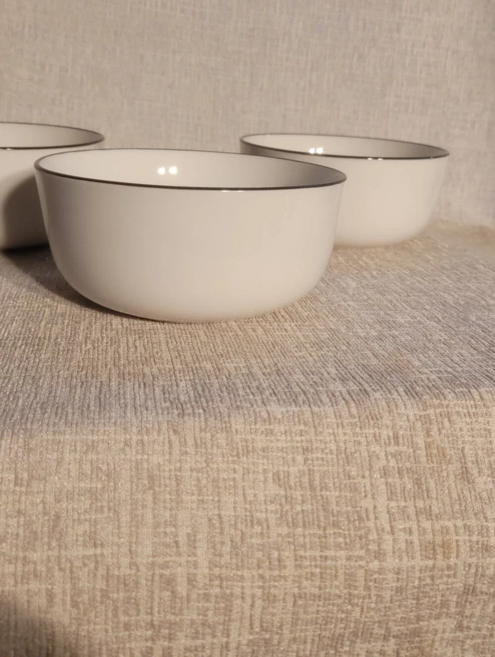Sur La Table White Ceramic Bowls with Black Trim - Set of 3. Excellent
